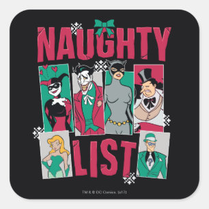 Batman   Santa Naughty List of Villains Quadratischer Aufkleber