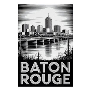 Baton Rouge Louisiana Skyline Schwarz Weiß Holzsch Poster