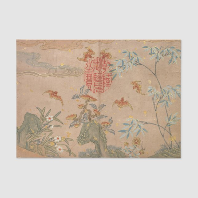 Bats Rocks Blume Oval Calligraphy by Zhang Ruoai Seidenpapier (Vorderseite)