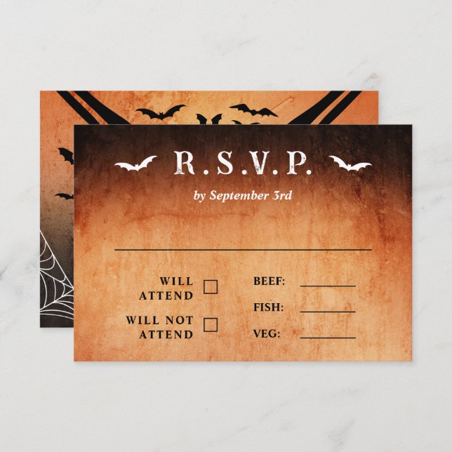 Bats & Skeleton Heart Goth Halloween Wedding RSVP Karte (Vorne/Hinten)