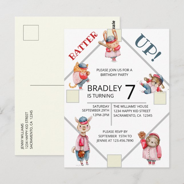 Batter Up! Baseball Sports Boys Birthday Party Inv Postkarte (Vorne/Hinten)