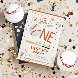 Batter Up Brown Rookie Baseball 1. Geburtstag Einladung