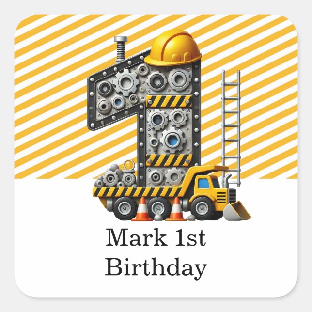 Bau 1. Geburtstag Party Quadratischer Aufkleber (Vorderseite)