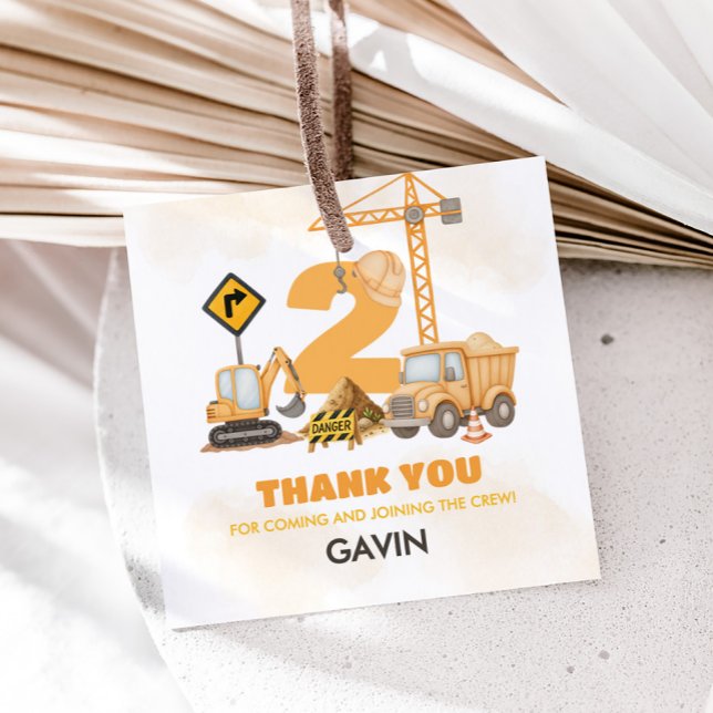 Bau 2. Geburtstag Party Square Geschenkanhänger (Construction Truck 2nd Birthday Party Square Favor Tags)