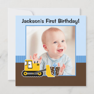 Bau Blue Brown 1. Geburtstag Junge Foto Einladung