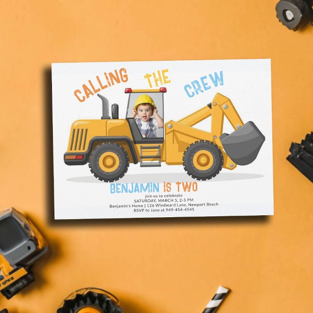 Bau Bulldozer Crew Foto Junge 2. Geburtstag Einladung (photo construction invitation 2nd birthday second boys bulldozer vehicle theme personalized)