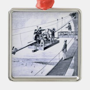 Bau der Brooklyn-Brücke, New York (litho) Silbernes Ornament