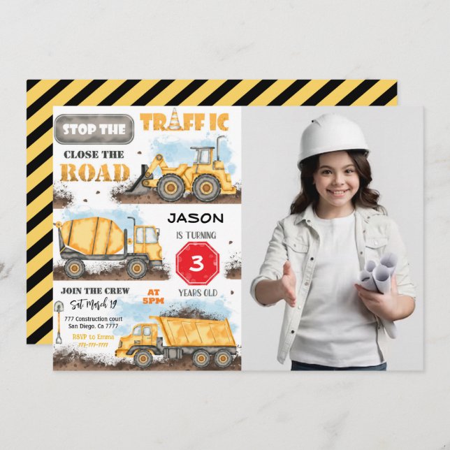 Bau Geburtstagsparty Einladung mit Foto (Vorne/Hinten)