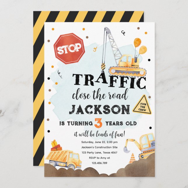 Bau Gelber Sprung Truck Boy Birthday Invita Einladung (Vorne/Hinten)