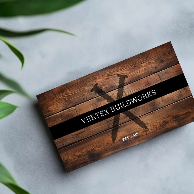 Bau Holzmöbel Schrauben rustikales Holz Visitenkarte (Dark wood timber customizable business cards; construction builders, contractors, furniture makers.)