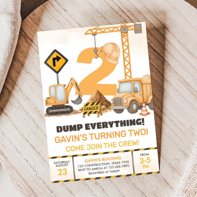 Bau-LKWs 2. Geburtstag Party Einladung (Construction Trucks 2nd Birthday Party Invitation)