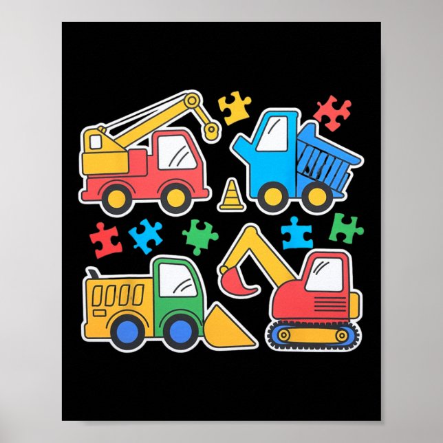 Bau-LKWs Bagger Autismus-Bewusstsein-Shirt Poster (Vorne)