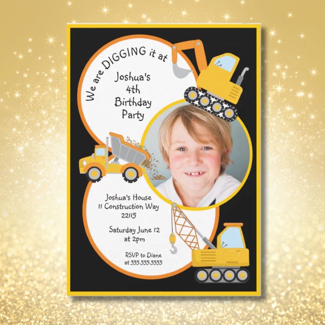 Bau von Lastwagen, die es graben, Foto zum Geburts Einladung (Construction Trucks Digging It Add Photo Birthday Invitation)