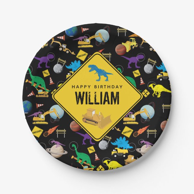 Bau von Lastwagen Dinosauriern im Weltraum Geburts Pappteller (Vorderseite)