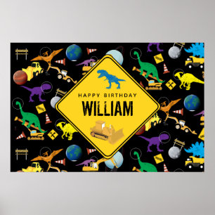 Bau von Lastwagen Dinosauriern im Weltraum Geburts Poster