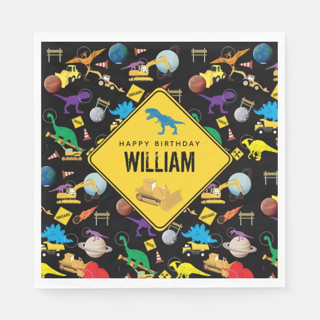 Bau von Lastwagen Dinosauriern im Weltraum Geburts Serviette (Vorderseite)