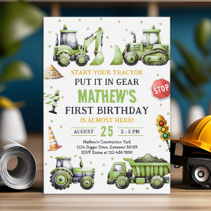 Bau von LKW Digger Erster Geburtstag Einladung