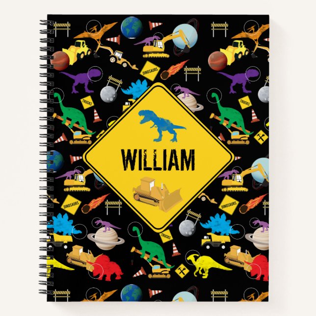 Bau von LKWs Astronaut Dinosaurier im Weltraum Notizbuch (Vorderseite)