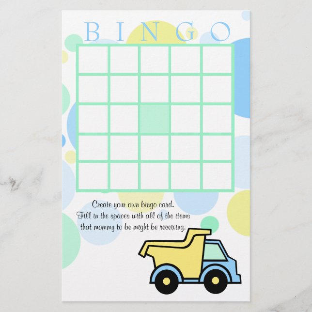 Bau von LKWs Baby Shower Bingo (Vorderseite)