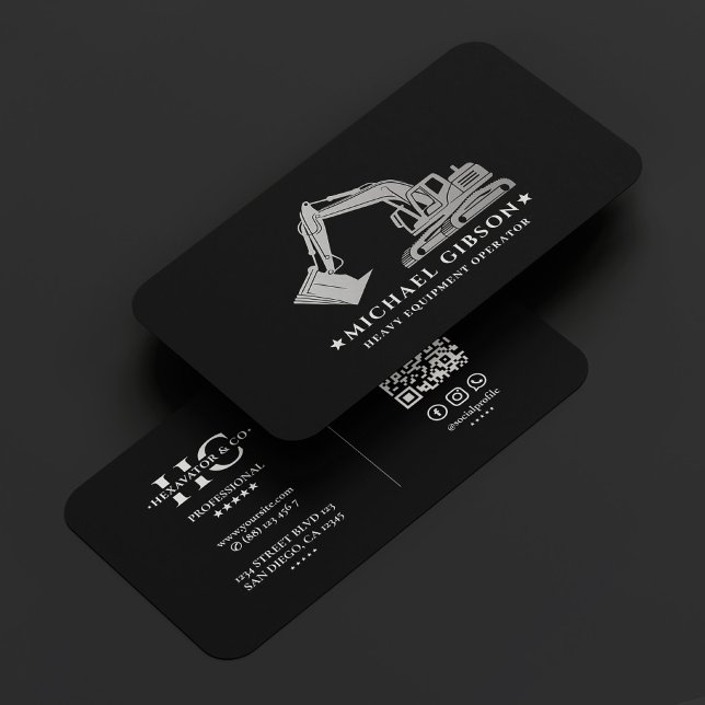 Bau von schwarzem Silber für schwere Geräte Visitenkarte (Heavy Equipment Operator Construction Black Silver Business Card
)
