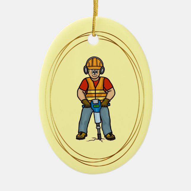 Bauarbeiter mit Jackhammer Keramik Ornament (Vorne)