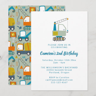 Baubagger Trucks Blau 2. Geburtstagsfeier Einladung