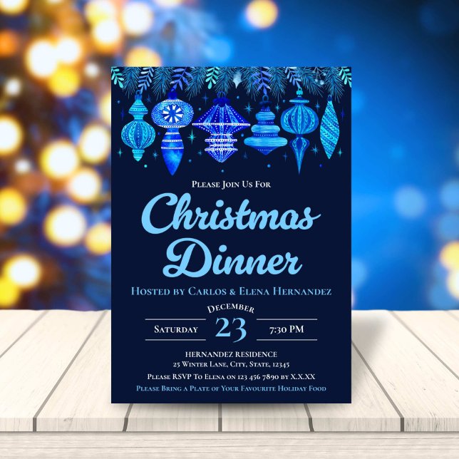 Baubles Christmas Dinner Watercolor Navy Blue Einladung (Baubles Christmas Dinner Watercolor Navy Blue Invitation)