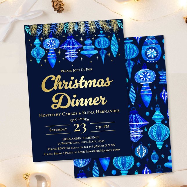 Baubles Christmas Dinner Watercolor Navy Blue Folieneinladung (Baubles Christmas Dinner Watercolor Navy Blue Foil Invitation)