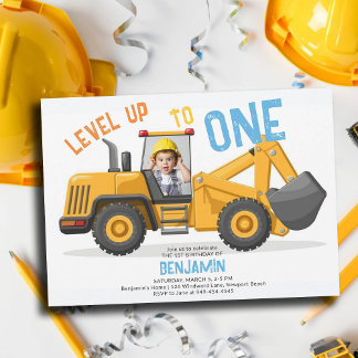 BauBulldozer Level Up Foto 1. Geburtstag Einladung