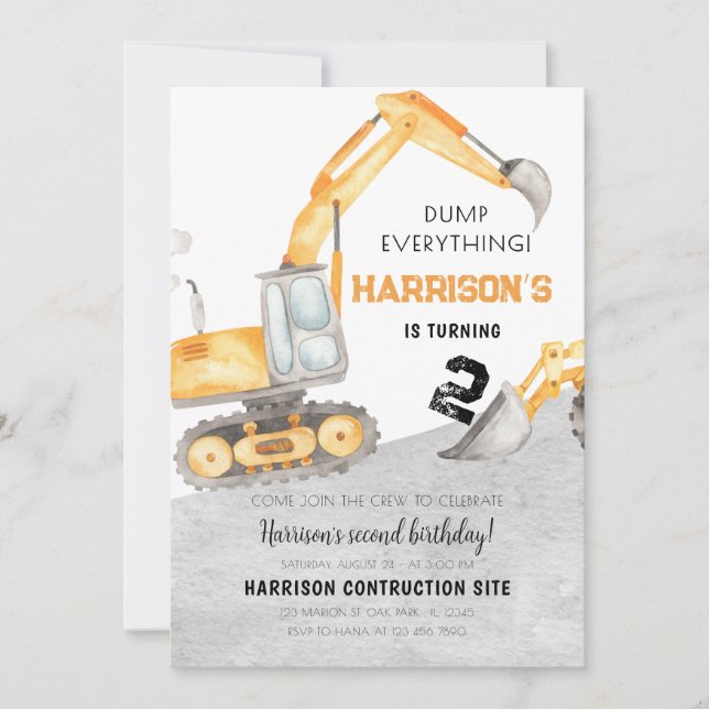 Baudump Truck Digger 2. Geburtstag Einladung (Vorderseite)