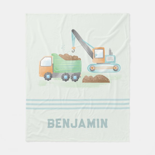 Baudump Truck Soft Green Blue Boy Name Fleecedecke (Vorderseite)