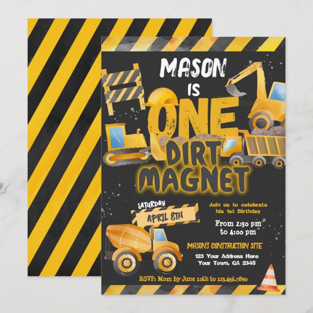 Bauen, Hüftwagen 1. Geburtstag Einladung (Vorne/Hinten)