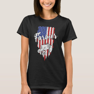 Bauer American Flag Retro Farm Tractor Usa Pat T-Shirt