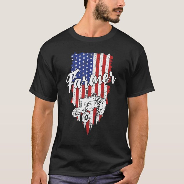 Bauer American Flag Retro Farm Tractor Usa Pat T-Shirt (Vorderseite)