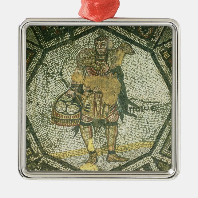 Bauer, der ein Mutterschaf und einen Korb des Silbernes Ornament (Vorne)