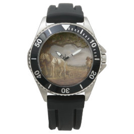 Bauer, die auf einem Feld mit Pferden und Pflug st Armbanduhr