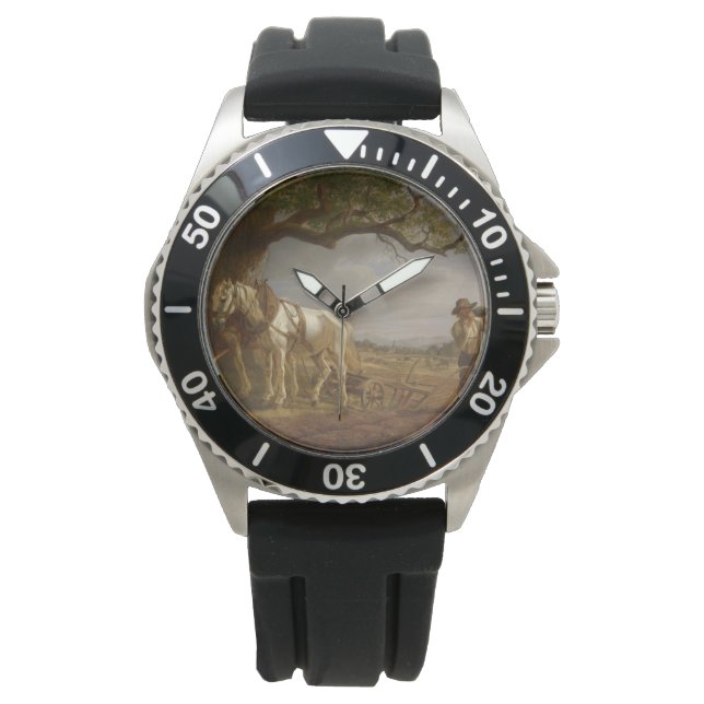 Bauer, die auf einem Feld mit Pferden und Pflug st Armbanduhr (Vorderseite)