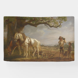 Bauer, die auf einem Feld mit Pferden und Pflug st Banner