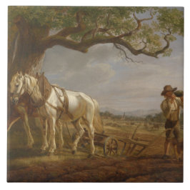 Bauer, die auf einem Feld mit Pferden und Pflug st Fliese