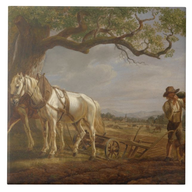 Bauer, die auf einem Feld mit Pferden und Pflug st Fliese (Vorderseite)