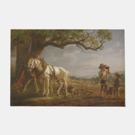 Bauer, die auf einem Feld mit Pferden und Pflug st Fußmatte