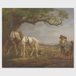 Bauer, die auf einem Feld mit Pferden und Pflug st Geschenkpapier