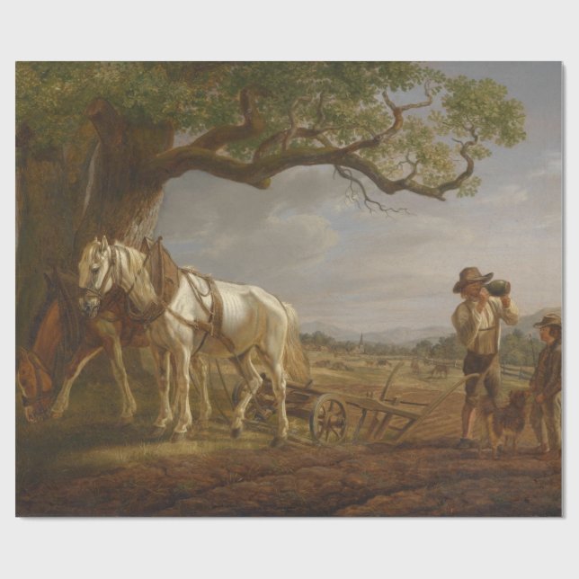 Bauer, die auf einem Feld mit Pferden und Pflug st Geschenkpapier (Flach)