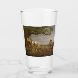 Bauer, die auf einem Feld mit Pferden und Pflug st Glas