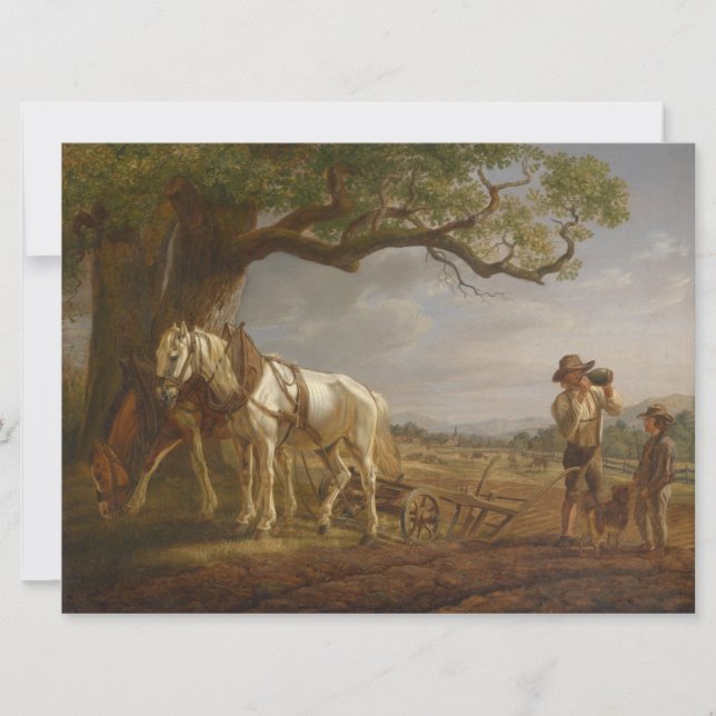 Bauer, die auf einem Feld mit Pferden und Pflug st Karte (Vorderseite)