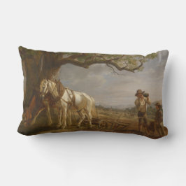 Bauer, die auf einem Feld mit Pferden und Pflug st Lendenkissen