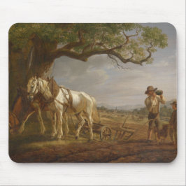 Bauer, die auf einem Feld mit Pferden und Pflug st Mousepad