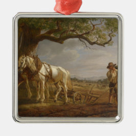 Bauer, die auf einem Feld mit Pferden und Pflug st Ornament Aus Metall