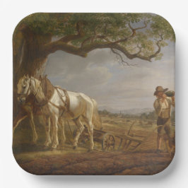 Bauer, die auf einem Feld mit Pferden und Pflug st Pappteller