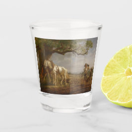 Bauer, die auf einem Feld mit Pferden und Pflug st Schnapsglas